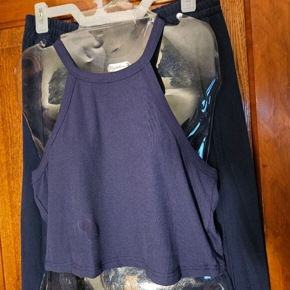 NWT Navy Blue 2-Pce Tracksuit Outfit Crop Top Sweatpants Women's Large Wide Leg - Picture 12 of 13
